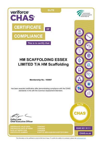 HM Scaffolding CHAS Elite Certificate of Compliance